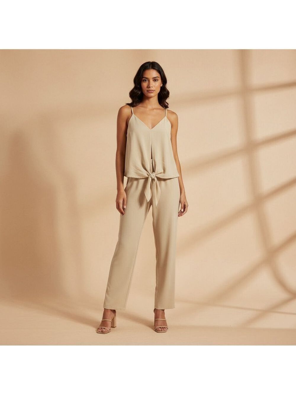 TCEC Beige Tie-Front Sleeveless Jumpsuit S (17” PTP)